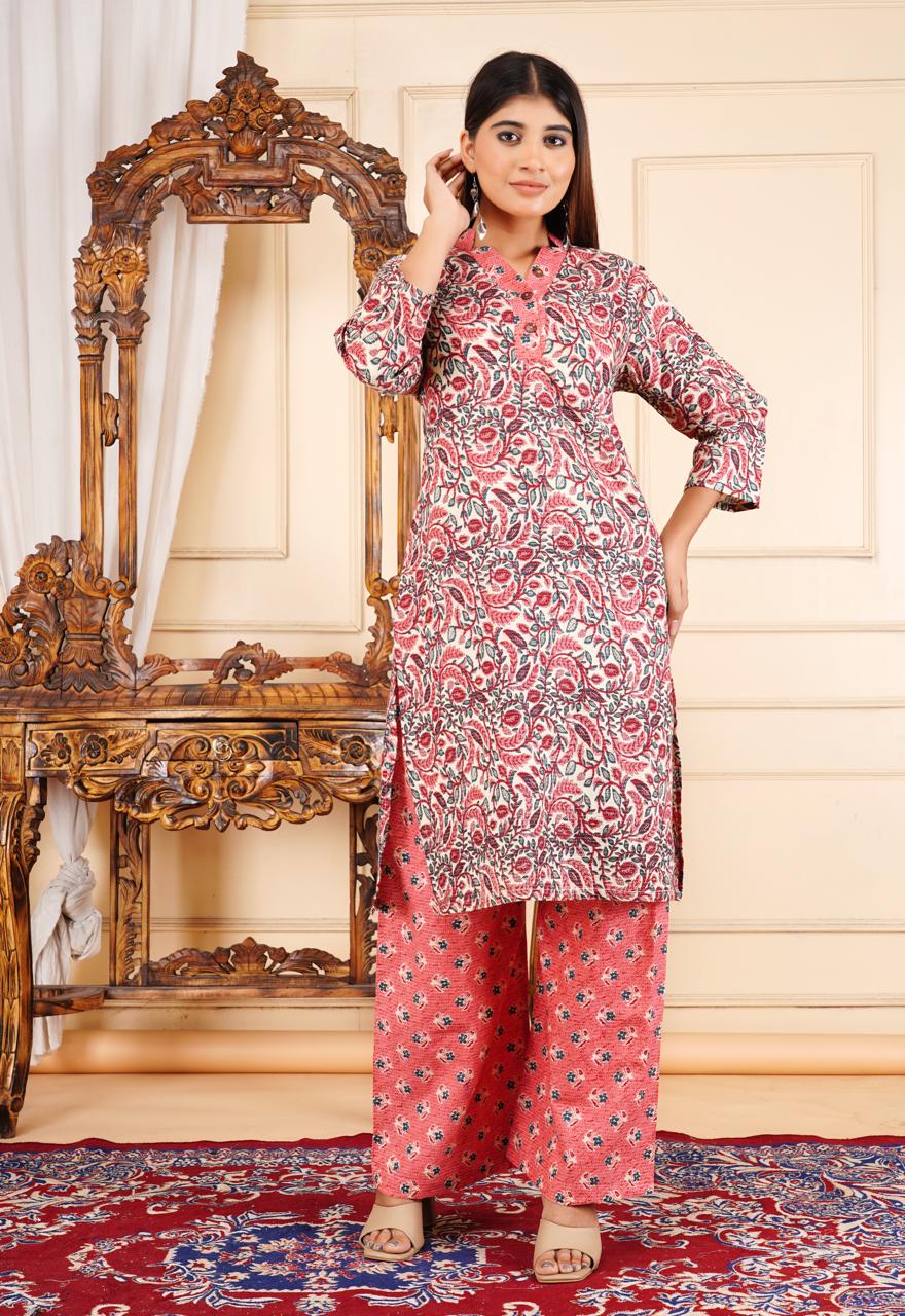 Elegant Floral Printed 2 Piece Cotton Suit – Pink & White
