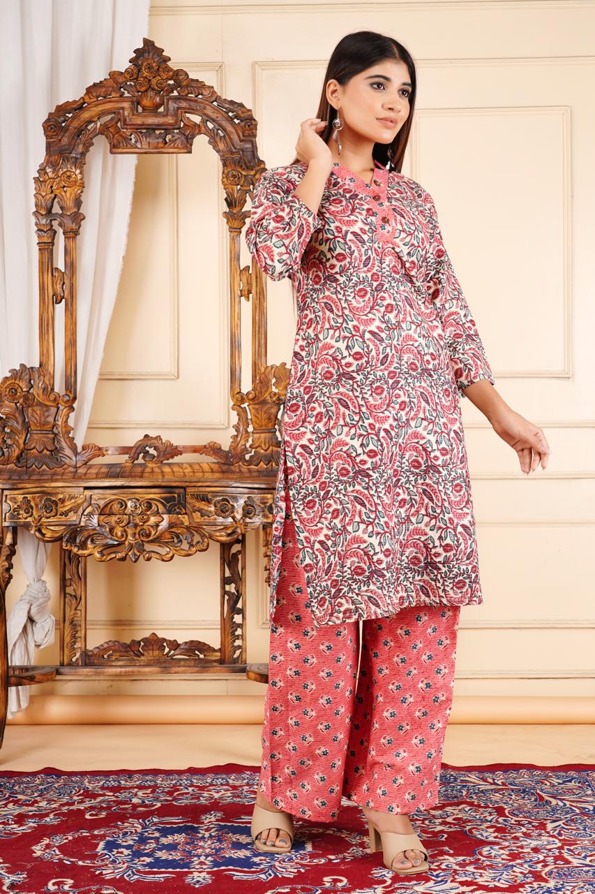 Elegant Floral Printed 2 Piece Cotton Suit – Pink & White