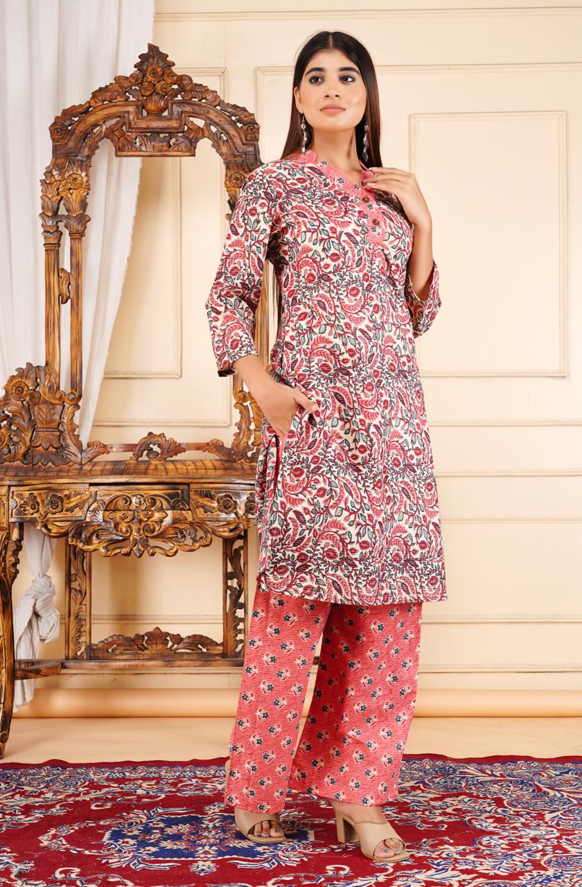 Elegant Floral Printed 2 Piece Cotton Suit – Pink & White