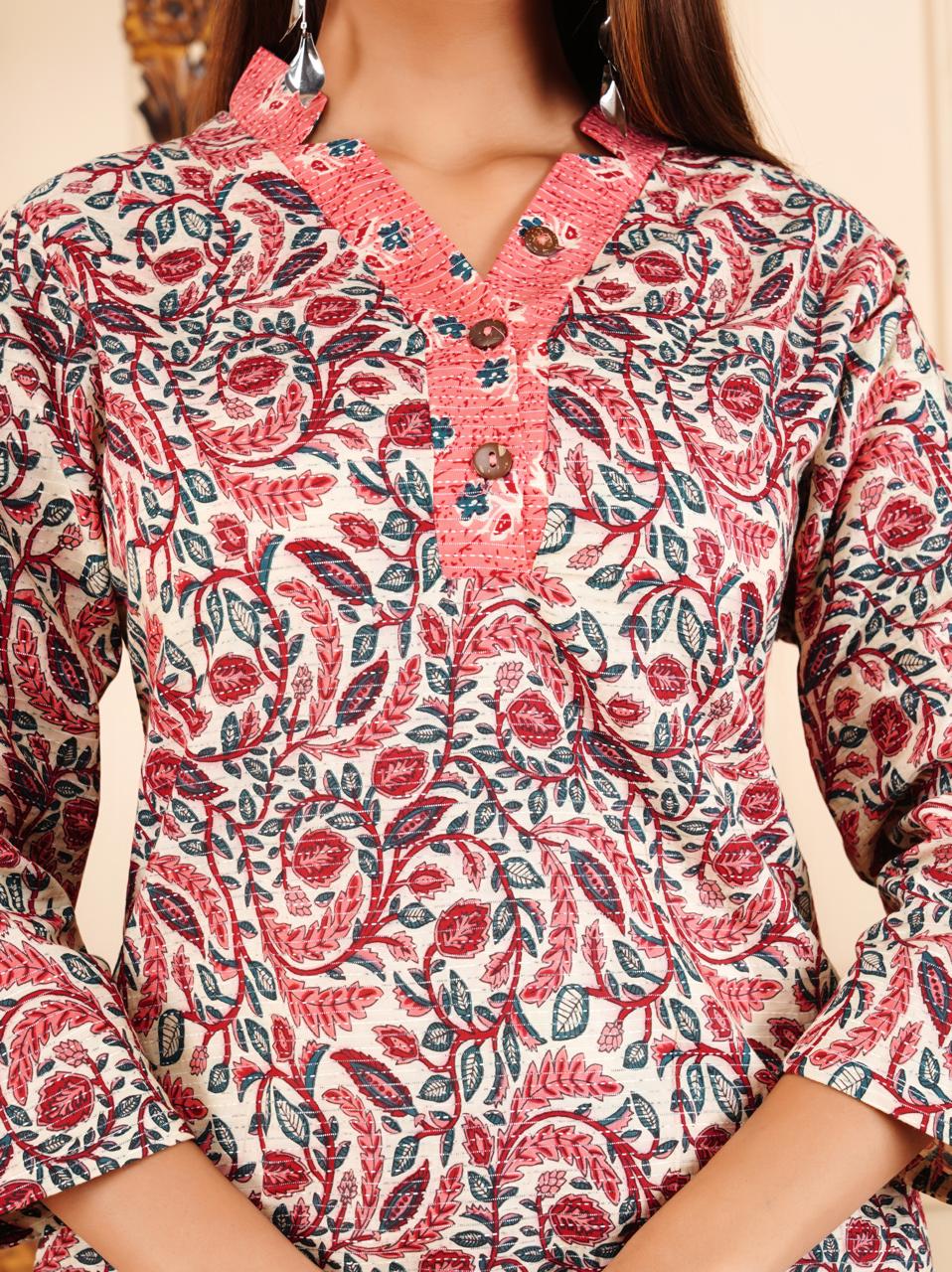 Elegant Floral Printed 2 Piece Cotton Suit – Pink & White