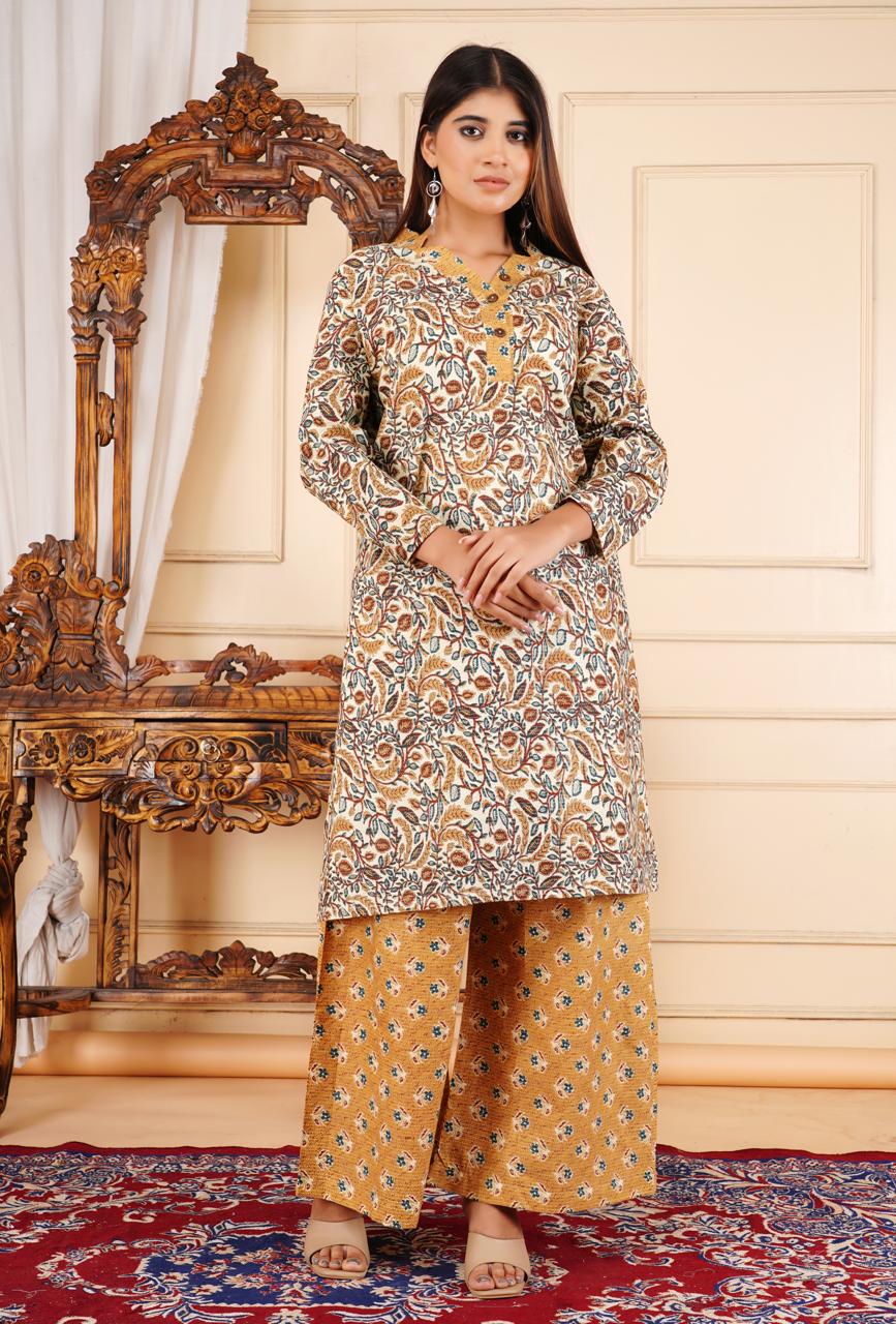 Elegant Floral Printed 2 Piece Cotton Suit – Mustard & Cream
