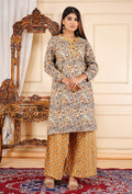 Elegant Floral Printed 2 Piece Cotton Suit – Mustard & Cream