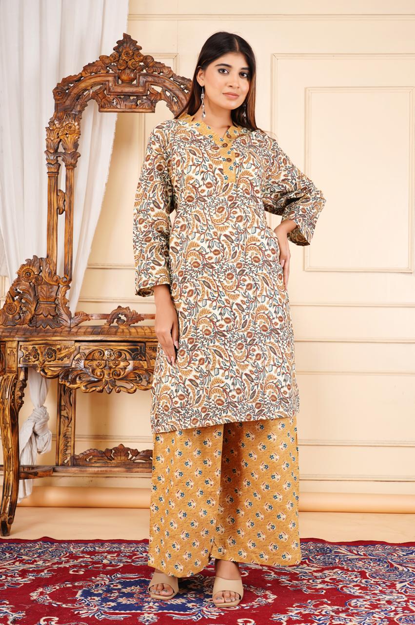 Elegant Floral Printed 2 Piece Cotton Suit – Mustard & Cream