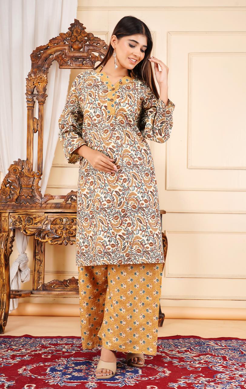 Elegant Floral Printed 2 Piece Cotton Suit – Mustard & Cream
