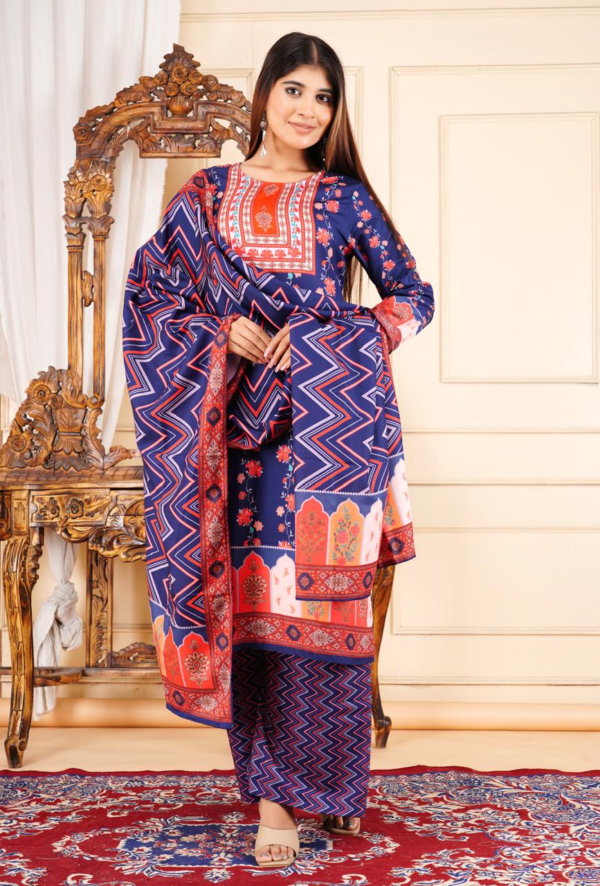 Elegant Printed 3 Piece Lawn Suit – Navy Blue & Red