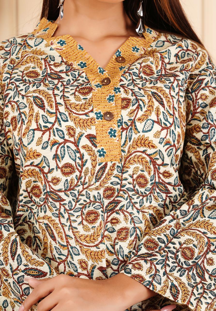 Elegant Floral Printed 2 Piece Cotton Suit – Mustard & Cream