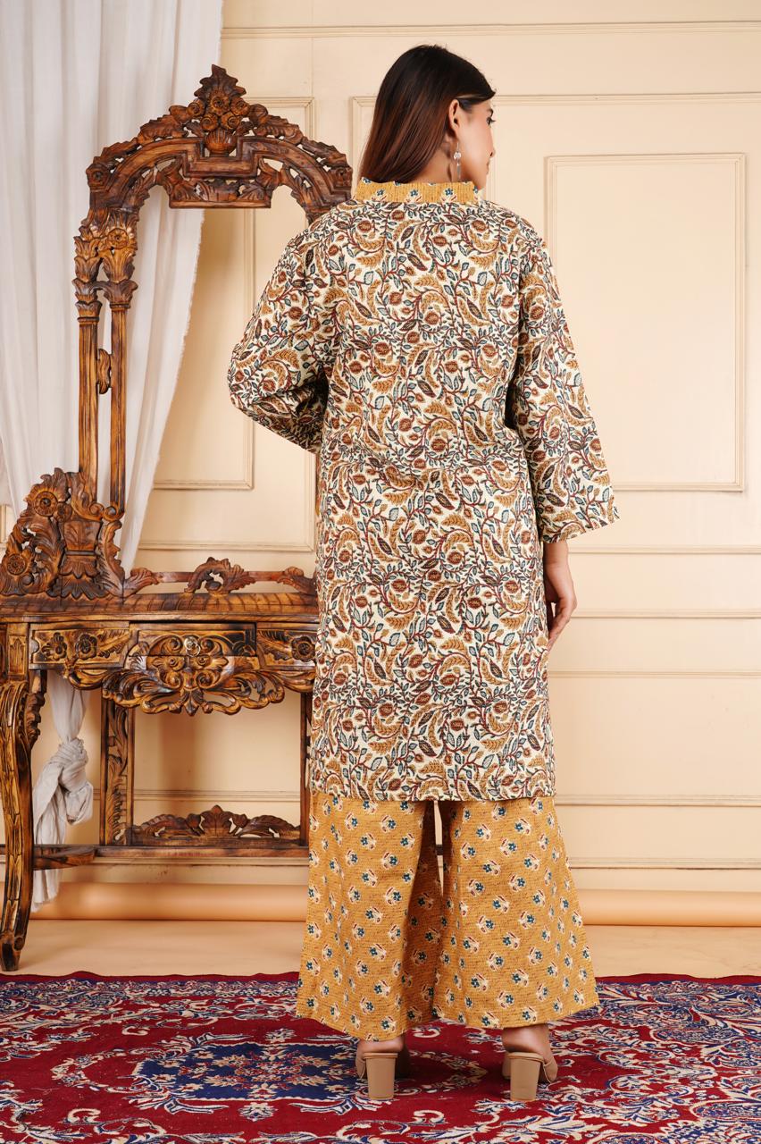 Elegant Floral Printed 2 Piece Cotton Suit – Mustard & Cream