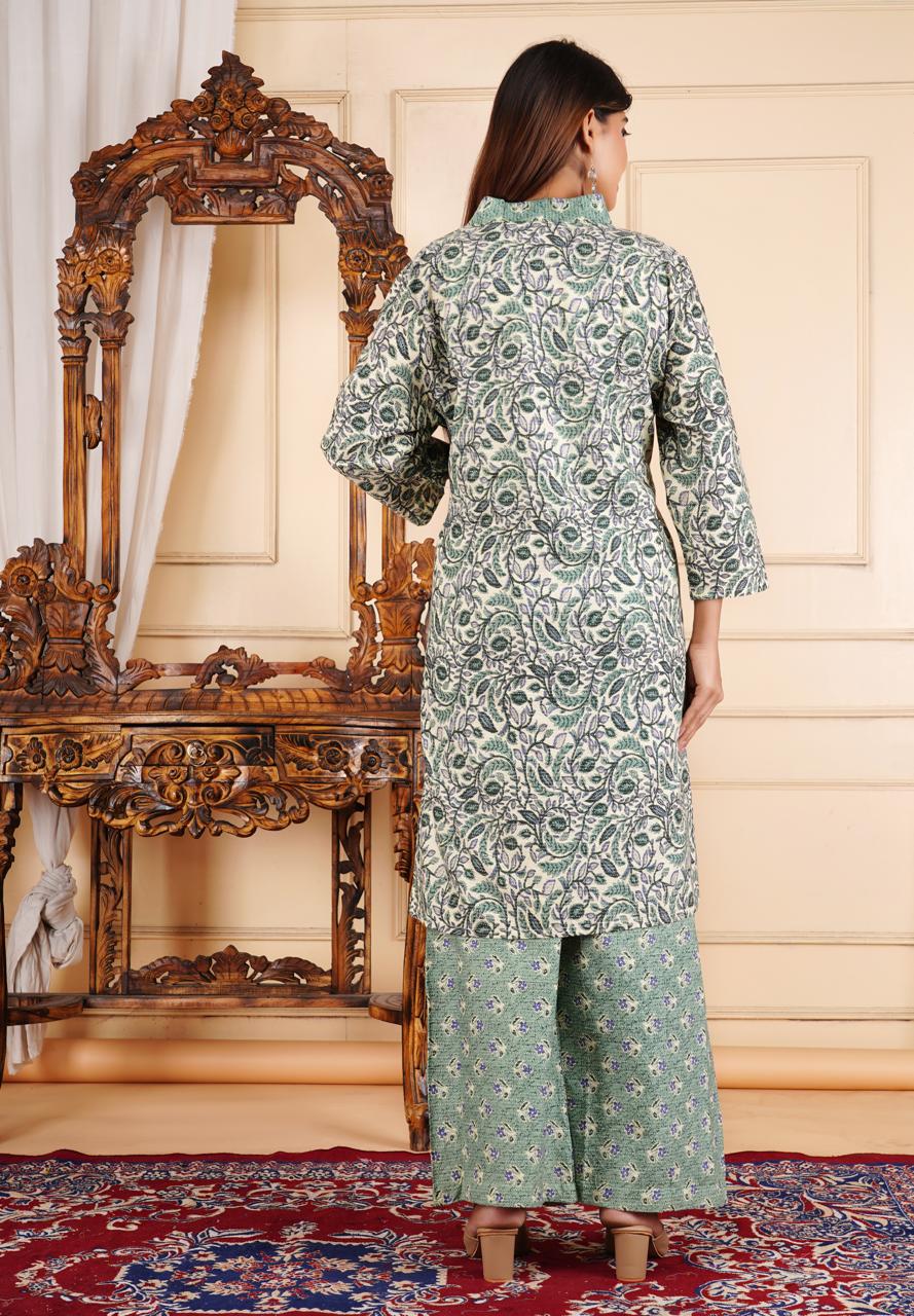 Elegant Floral Printed 2 Piece Cotton Suit – Sage Green