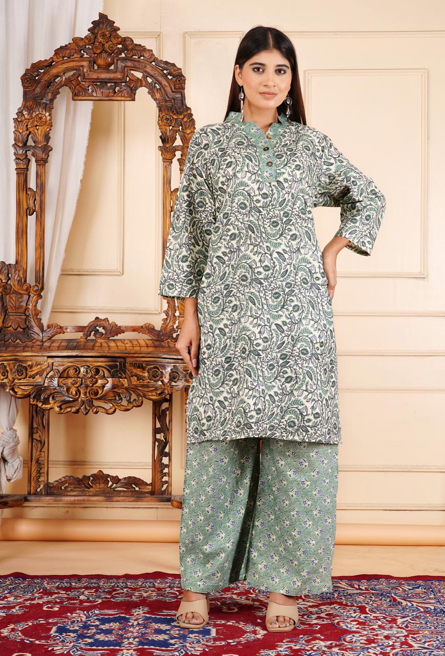 Elegant Floral Printed 2 Piece Cotton Suit – Sage Green