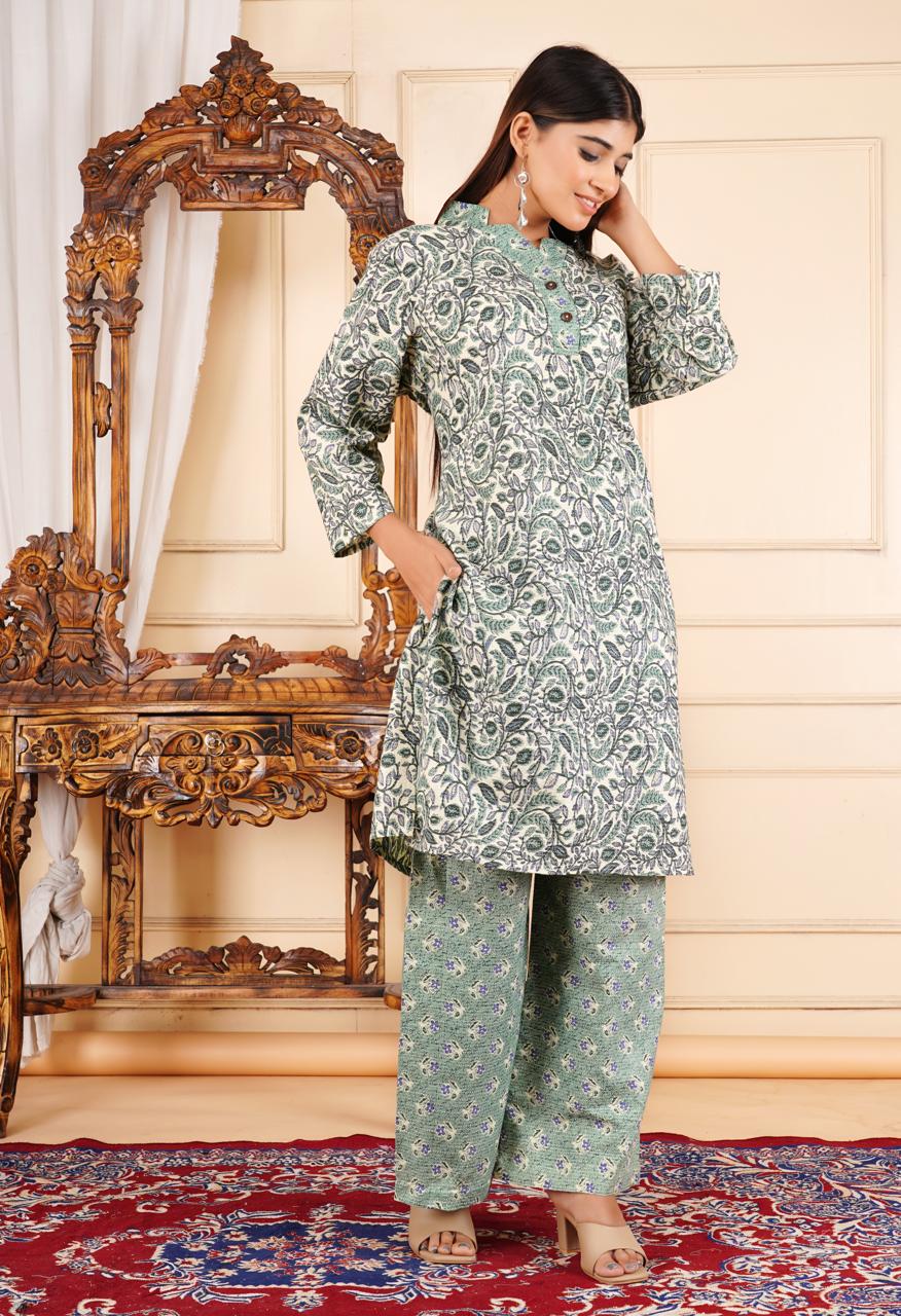 Elegant Floral Printed 2 Piece Cotton Suit – Sage Green