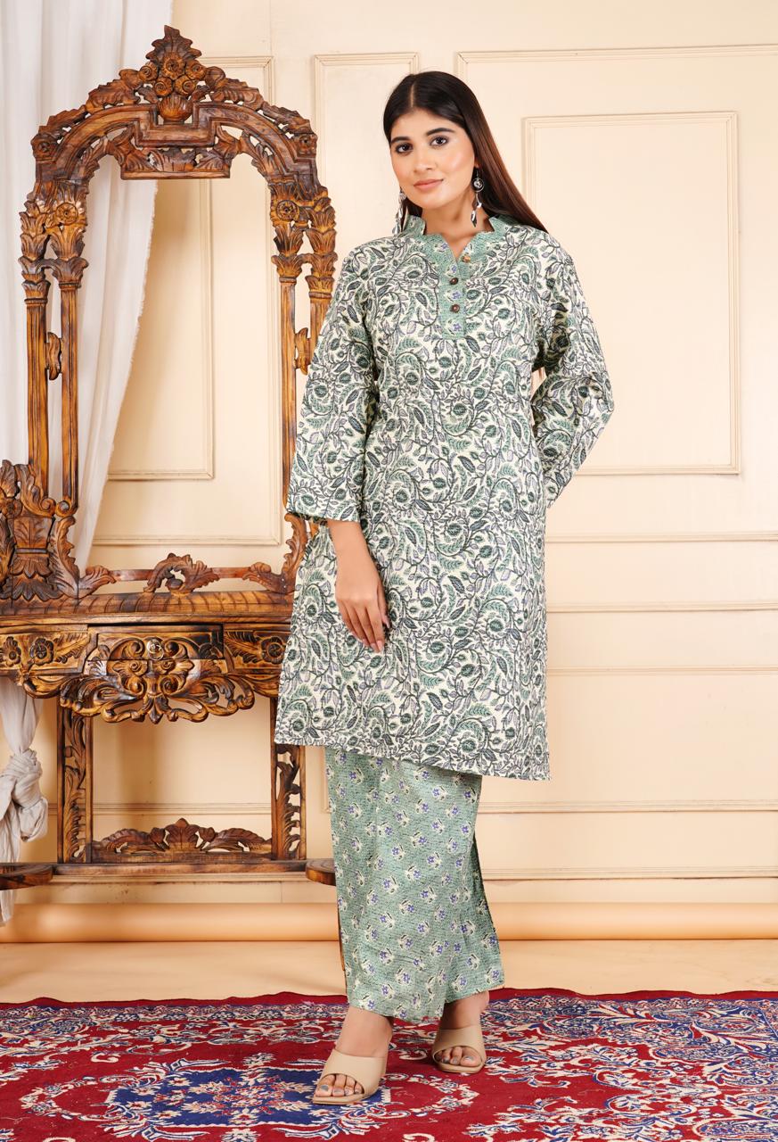 Elegant Floral Printed 2 Piece Cotton Suit – Sage Green