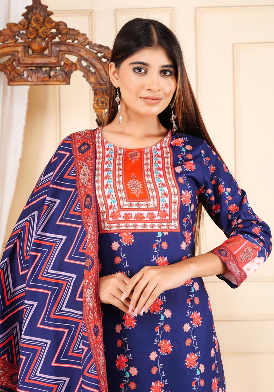 Elegant Printed 3 Piece Lawn Suit – Navy Blue & Red