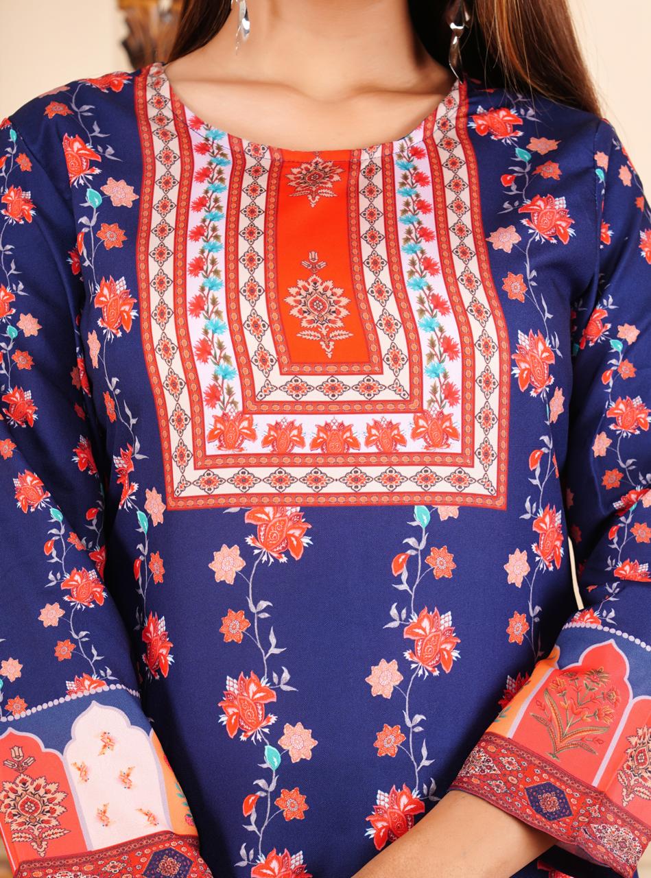 Elegant Printed 3 Piece Lawn Suit – Navy Blue & Red