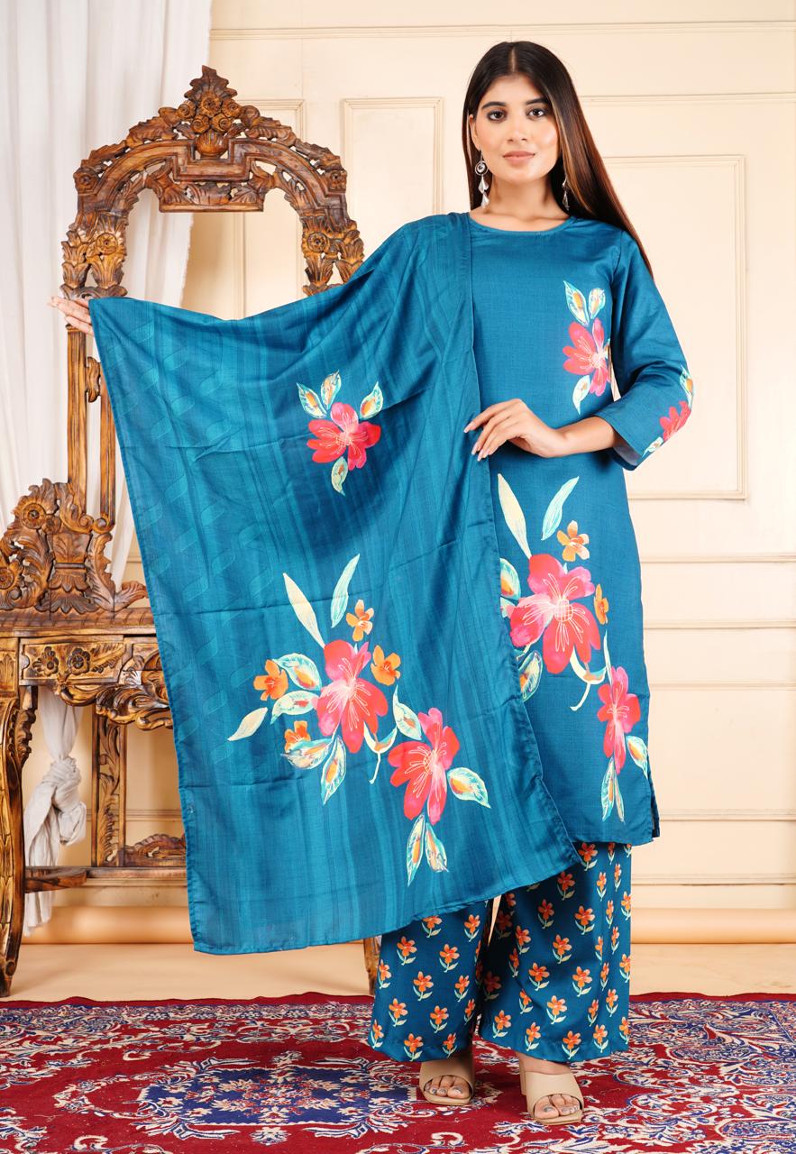 Elegant Floral Printed 3 Piece Suit – Teal Blue