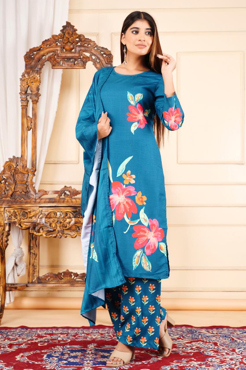 Elegant Floral Printed 3 Piece Suit – Teal Blue
