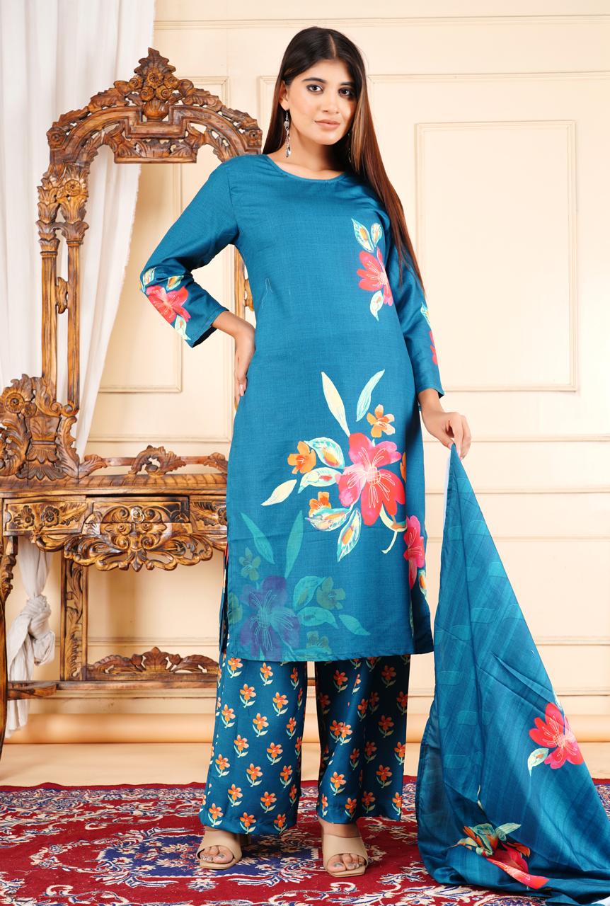 Elegant Floral Printed 3 Piece Suit – Teal Blue