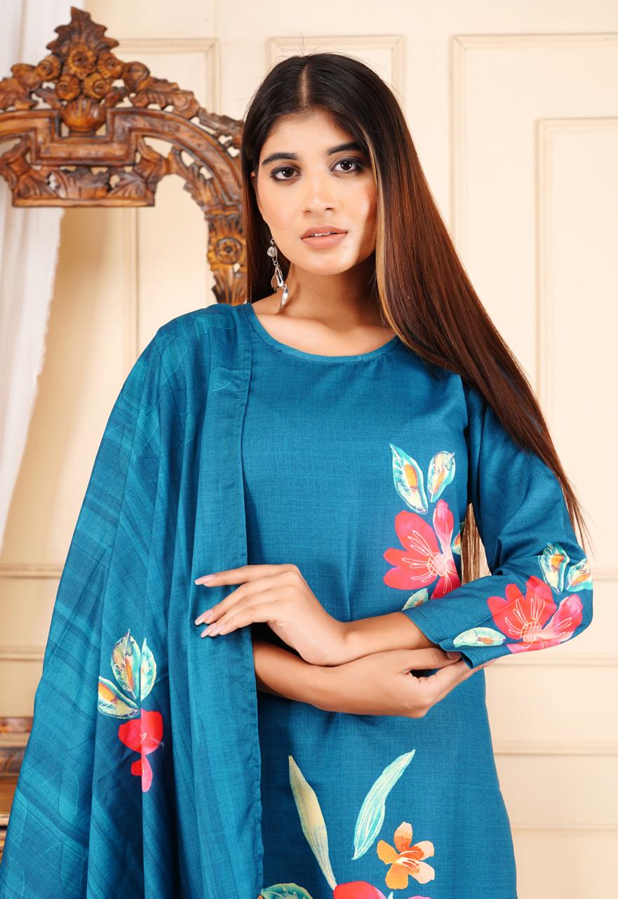 Elegant Floral Printed 3 Piece Suit – Teal Blue