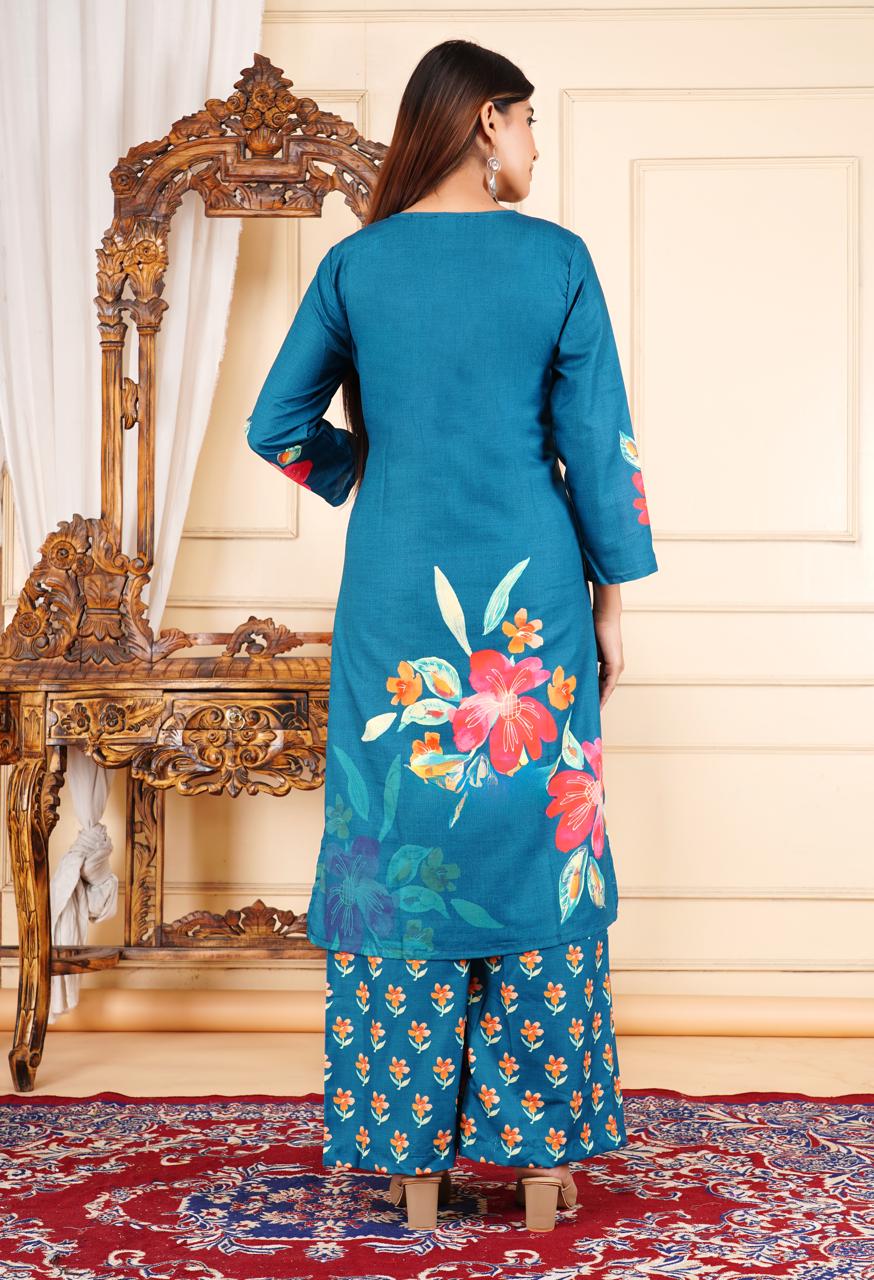 Elegant Floral Printed 3 Piece Suit – Teal Blue