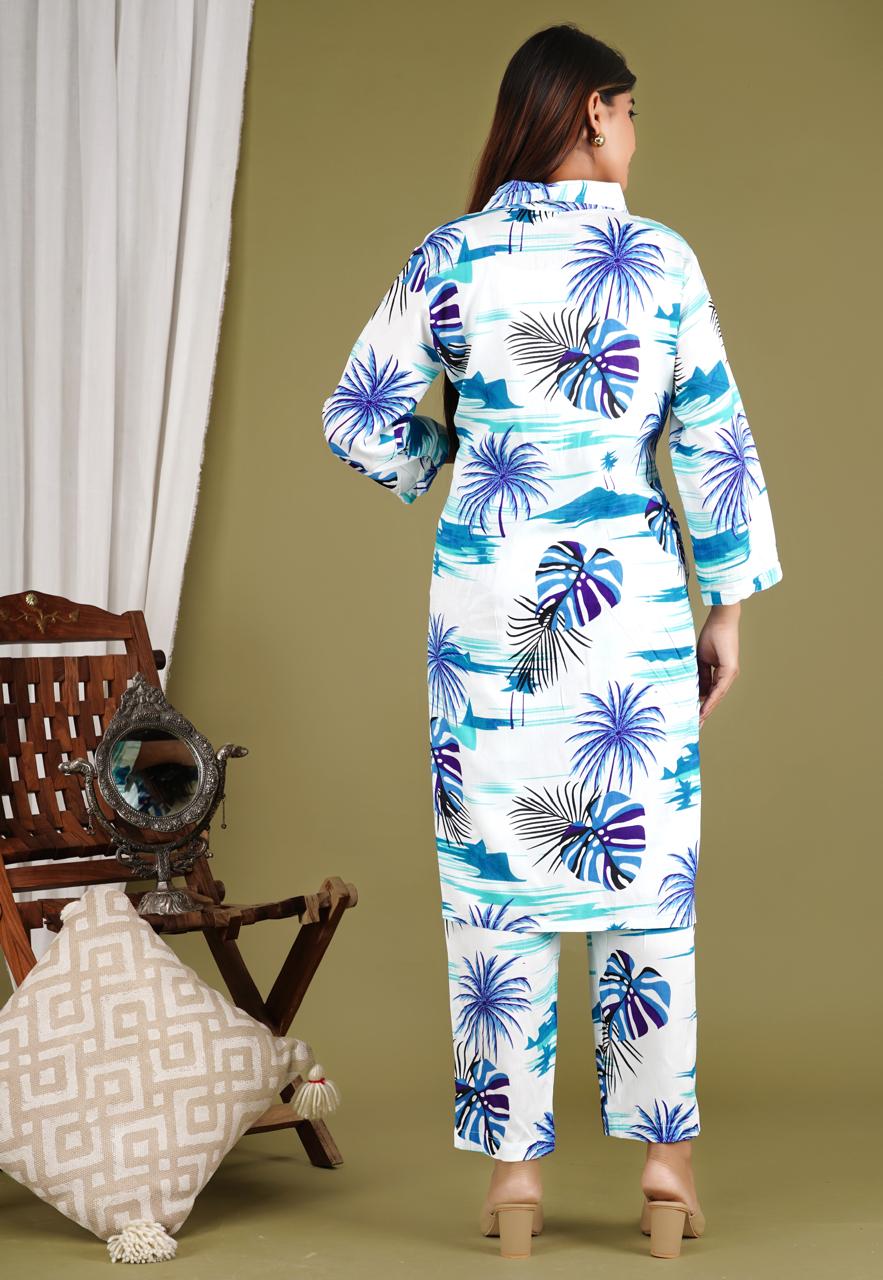 Tropical Print Cotton Kurta Set – Blue