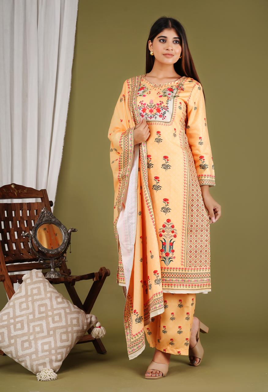Elegant Peach Printed 3 Piece Suit for Women