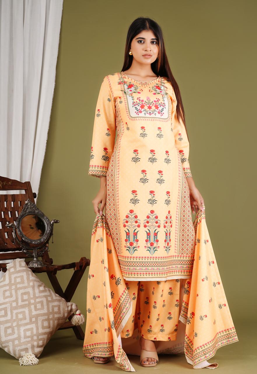 Elegant Peach Printed 3 Piece Suit for Women