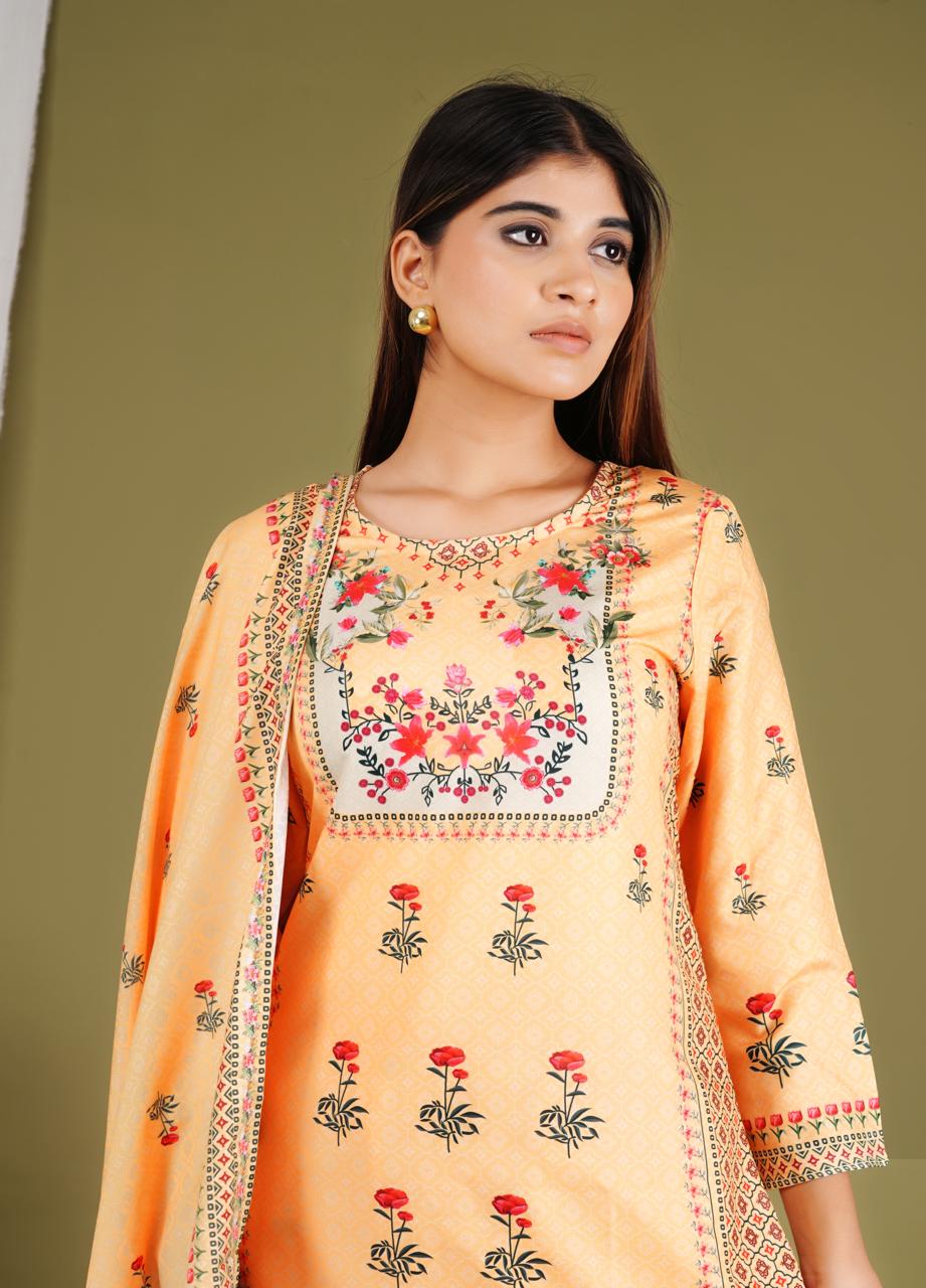 Elegant Peach Printed 3 Piece Suit for Women