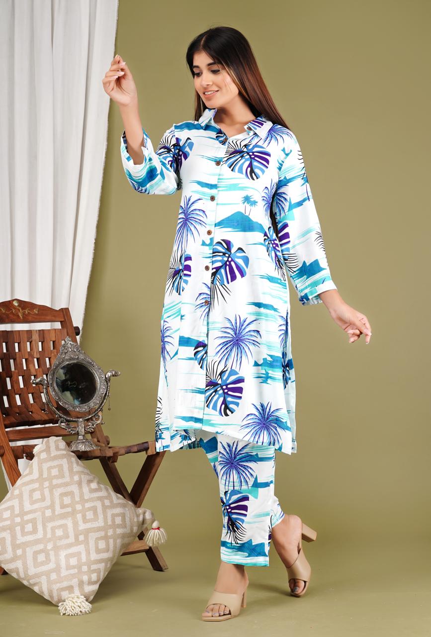 Tropical Print Cotton Kurta Set – Blue
