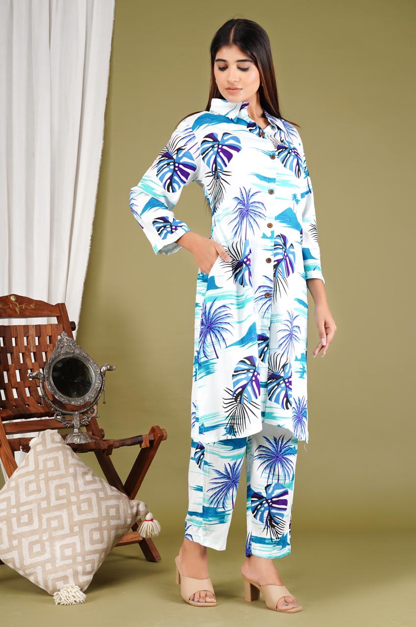 Tropical Print Cotton Kurta Set – Blue