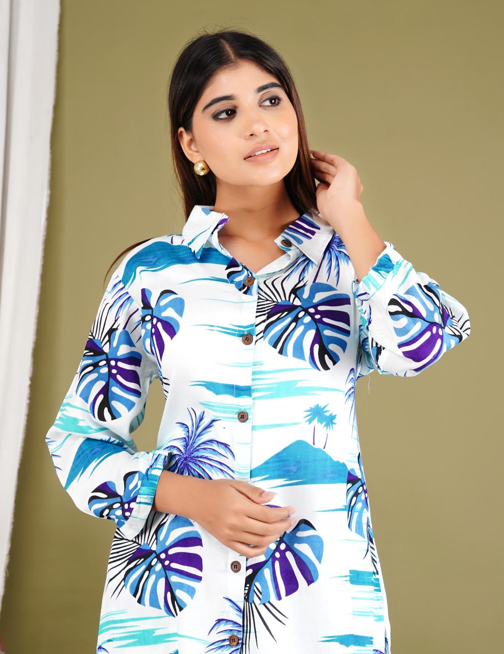 Tropical Print Cotton Kurta Set – Blue