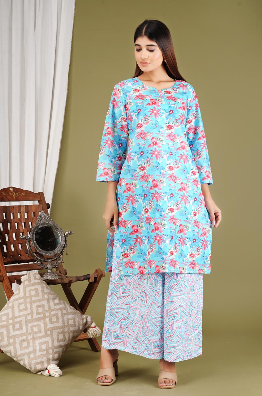 Elegant Floral Kurta Set with Printed Pants – Women’s Ethnic Wear