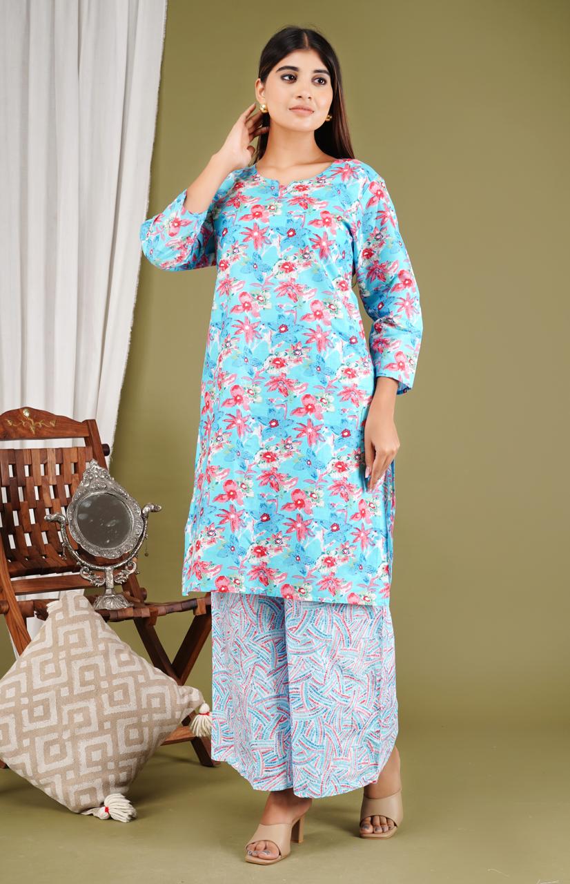 Elegant Floral Kurta Set with Printed Pants – Women’s Ethnic Wear