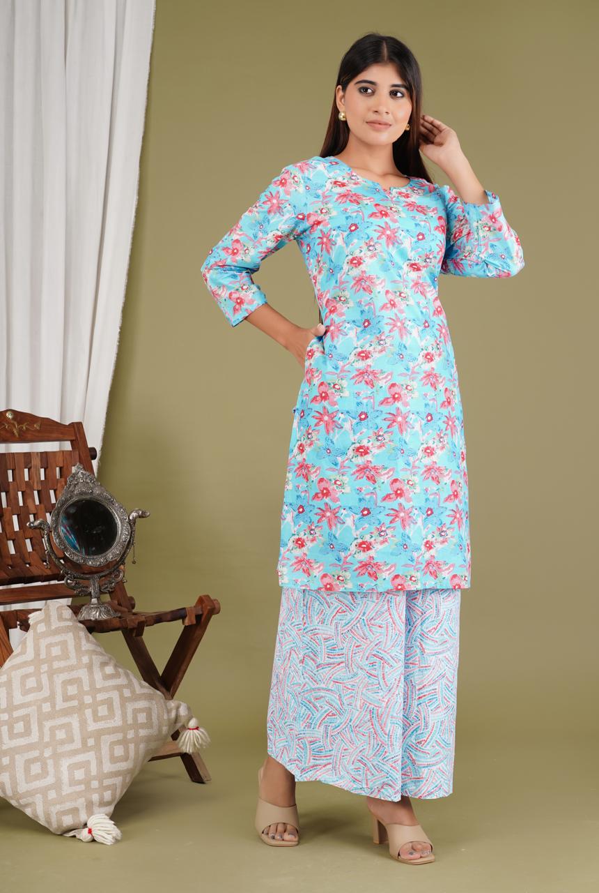 Elegant Floral Kurta Set with Printed Pants – Women’s Ethnic Wear