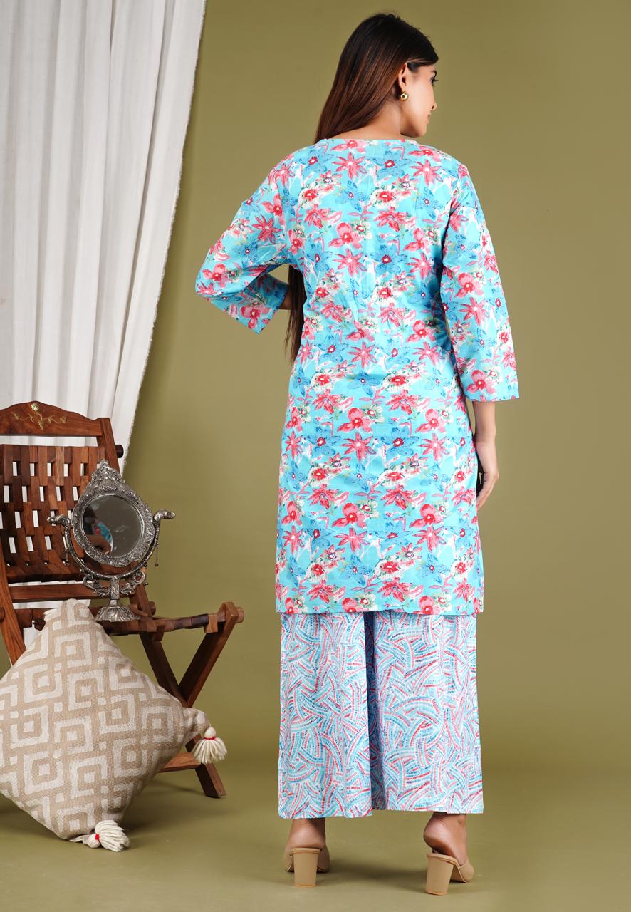 Elegant Floral Kurta Set with Printed Pants – Women’s Ethnic Wear