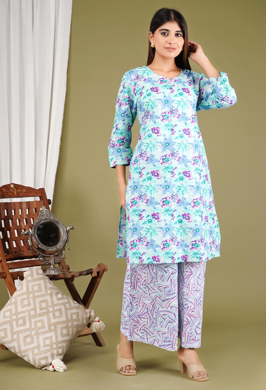 Elegant Floral Kurta Set with Printed Pants – Women’s Ethnic Wear