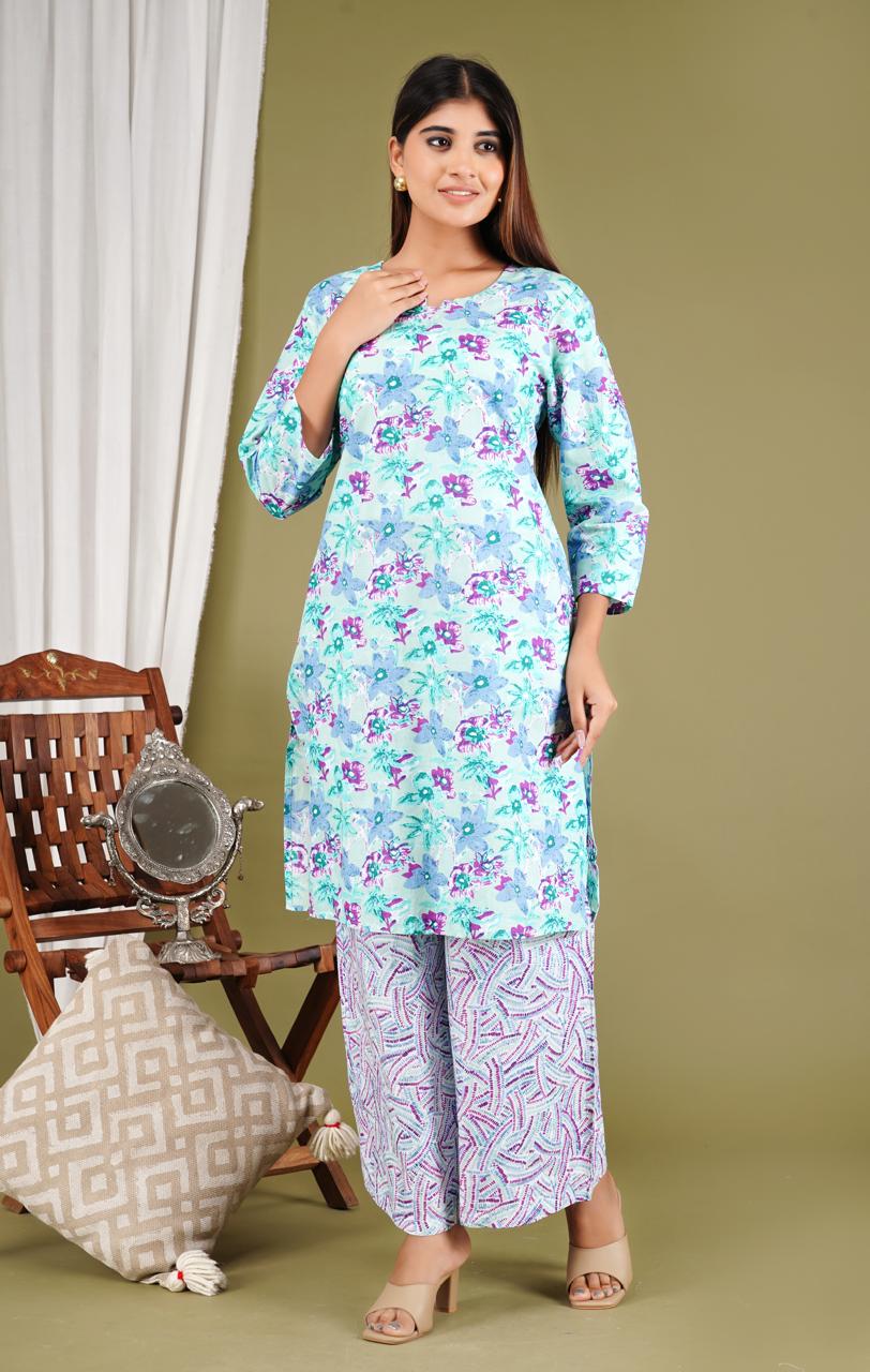 Elegant Floral Kurta Set with Printed Pants – Women’s Ethnic Wear
