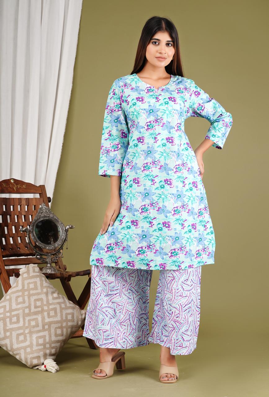 Elegant Floral Kurta Set with Printed Pants – Women’s Ethnic Wear