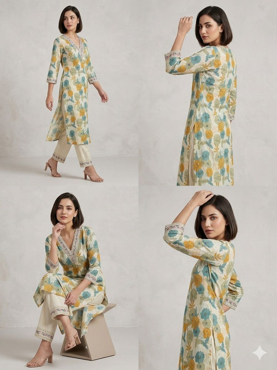 Elegant Floral Kurta Set with Printed Pants – Women’s Ethnic Wear