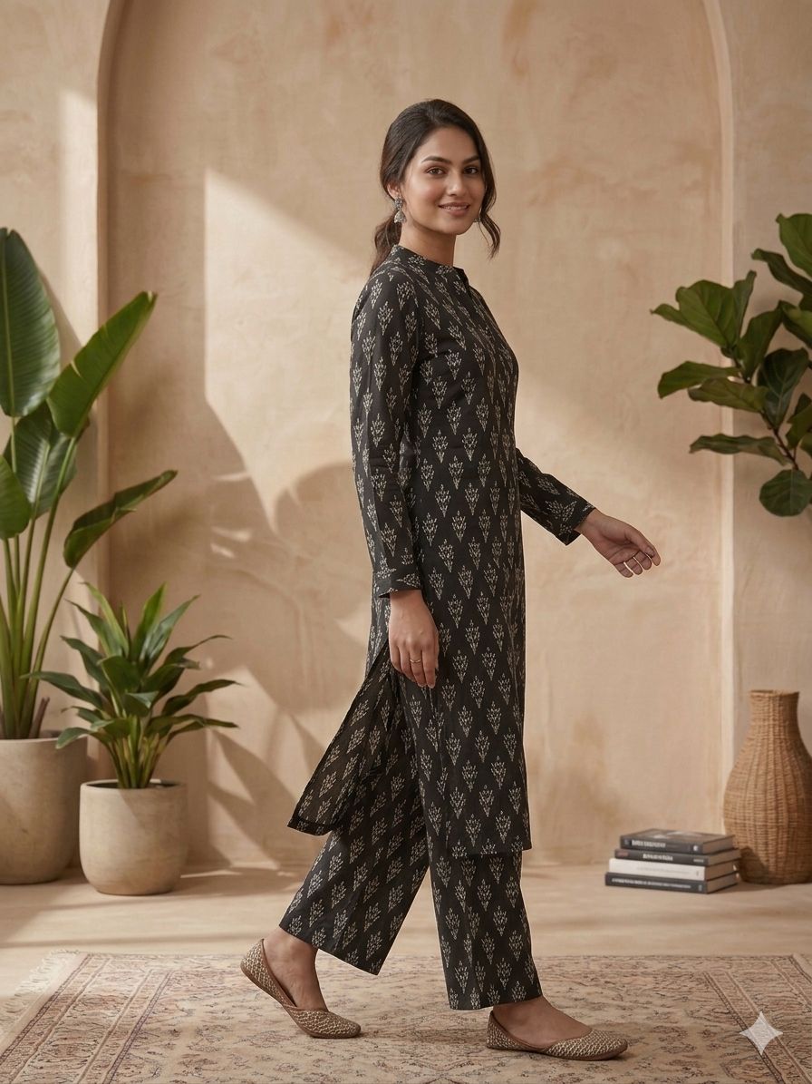 Elegant Black Floral Kurta Set with Printed Pants – Women’s Ethnic Wear