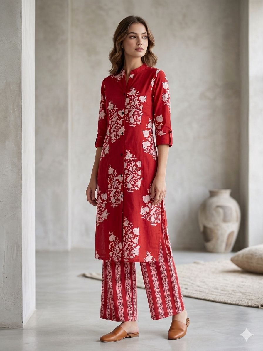 Elegant Red Floral Kurta Set with Printed Pants – Women’s Ethnic Wear