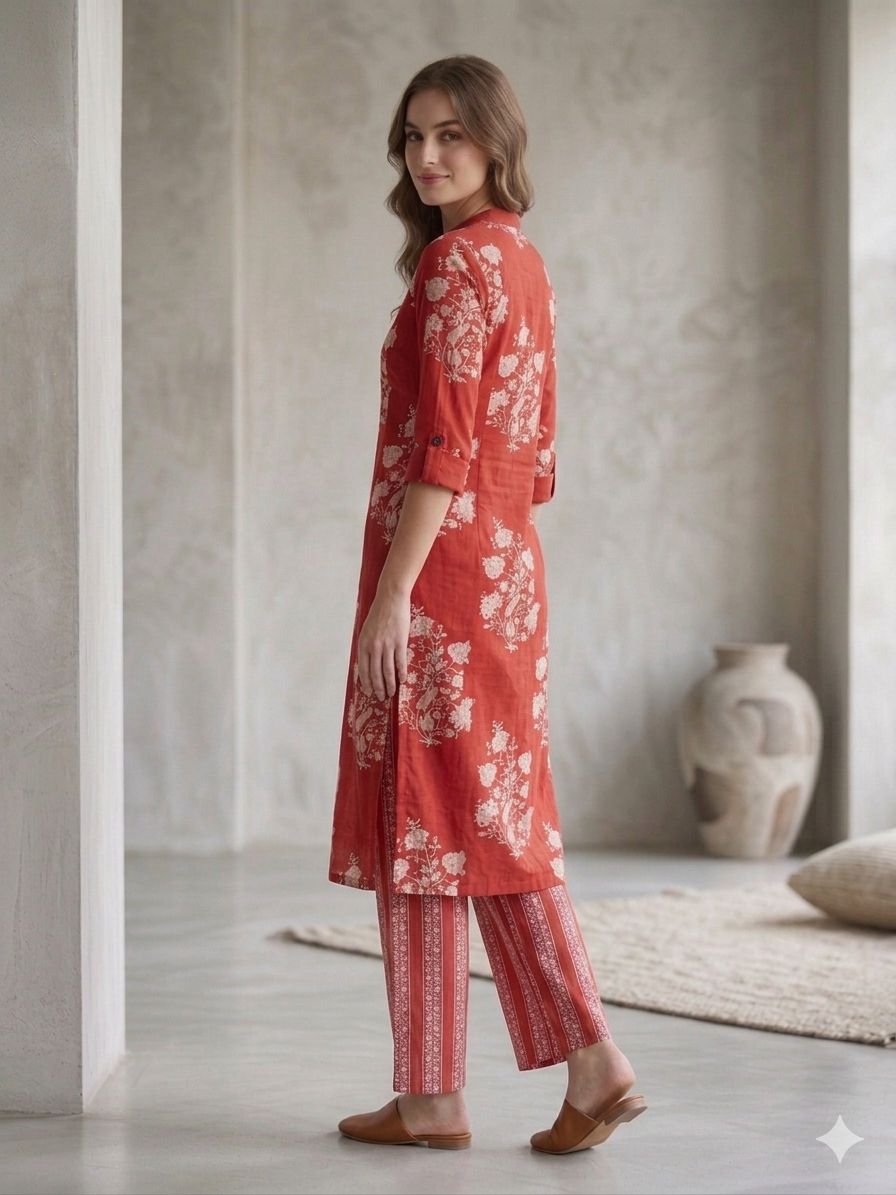 Elegant Red Floral Kurta Set with Printed Pants – Women’s Ethnic Wear