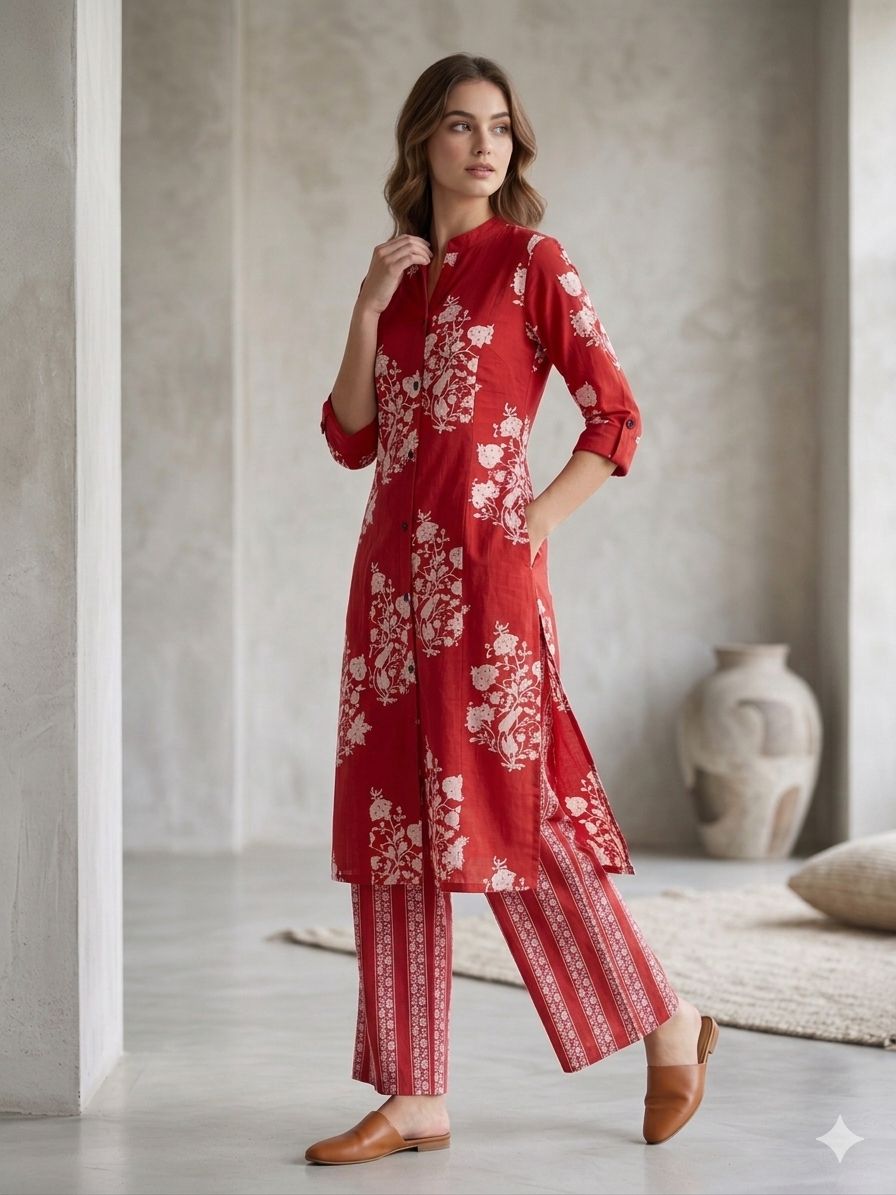 Elegant Red Floral Kurta Set with Printed Pants – Women’s Ethnic Wear
