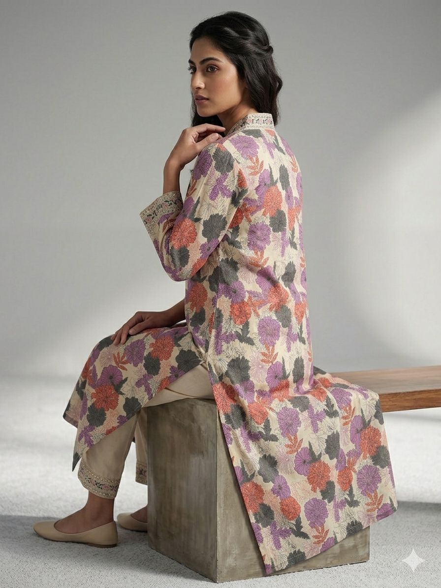 Elegant Floral Printed Kurta Set with Straight Pants – Women’s Ethnic Wear