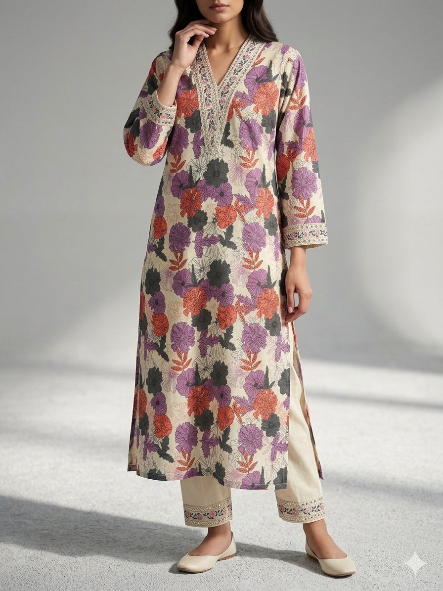 Elegant Floral Printed Kurta Set with Straight Pants – Women’s Ethnic Wear