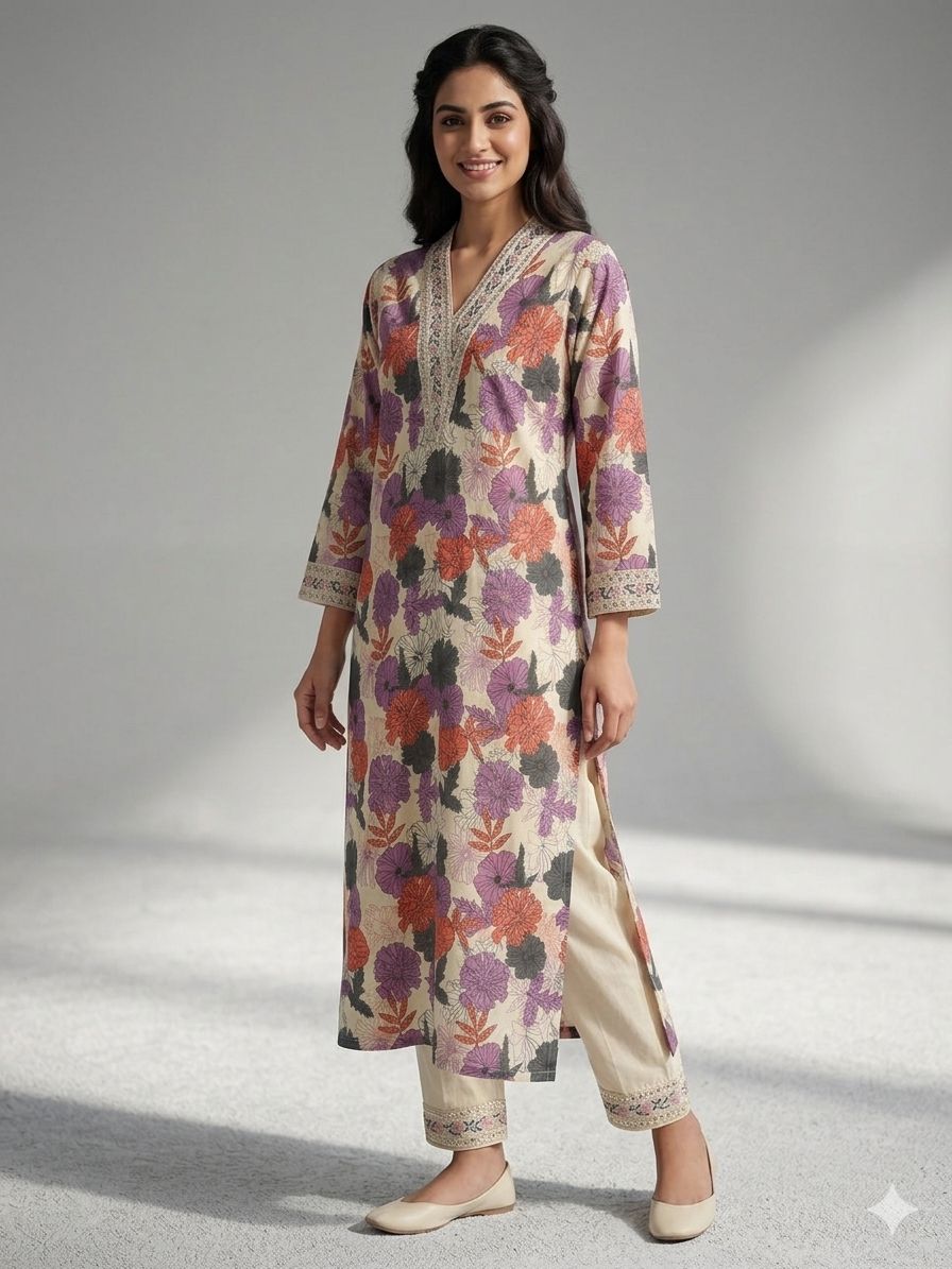 Elegant Floral Printed Kurta Set with Straight Pants – Women’s Ethnic Wear