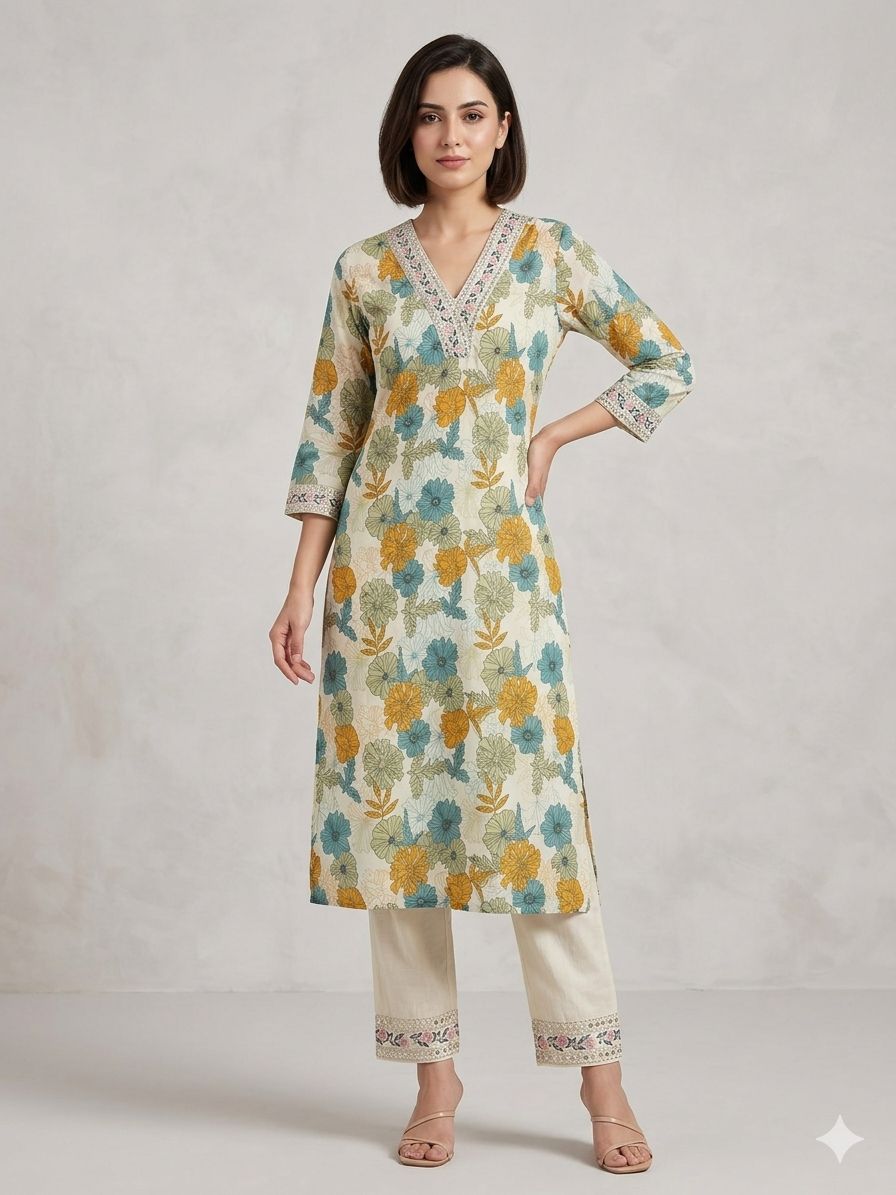 Elegant Floral Kurta Set with Printed Pants – Women’s Ethnic Wear