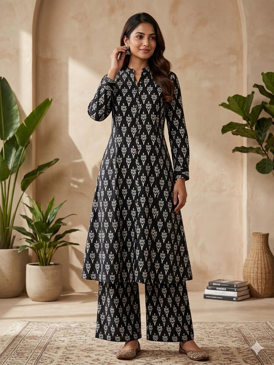 Elegant Black Floral Kurta Set with Printed Pants – Women’s Ethnic Wear